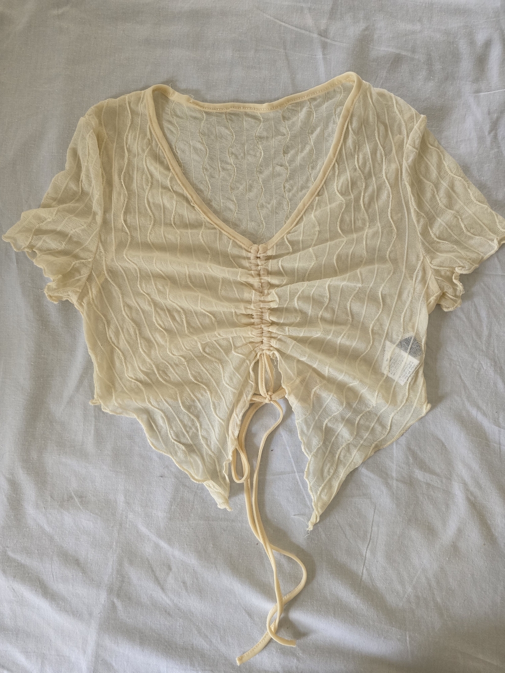 Sheer Ruched Drawstring Crop Top - Pale Yellow